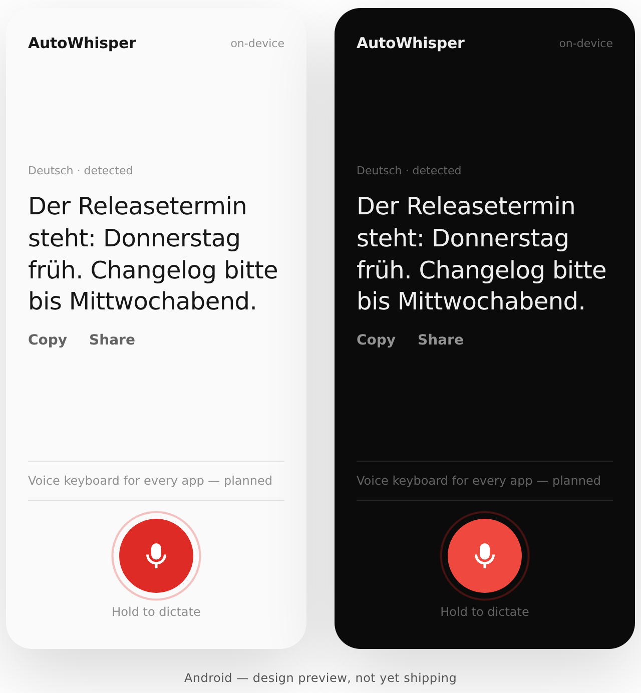 Android design preview — multilingual transcript, light and dark