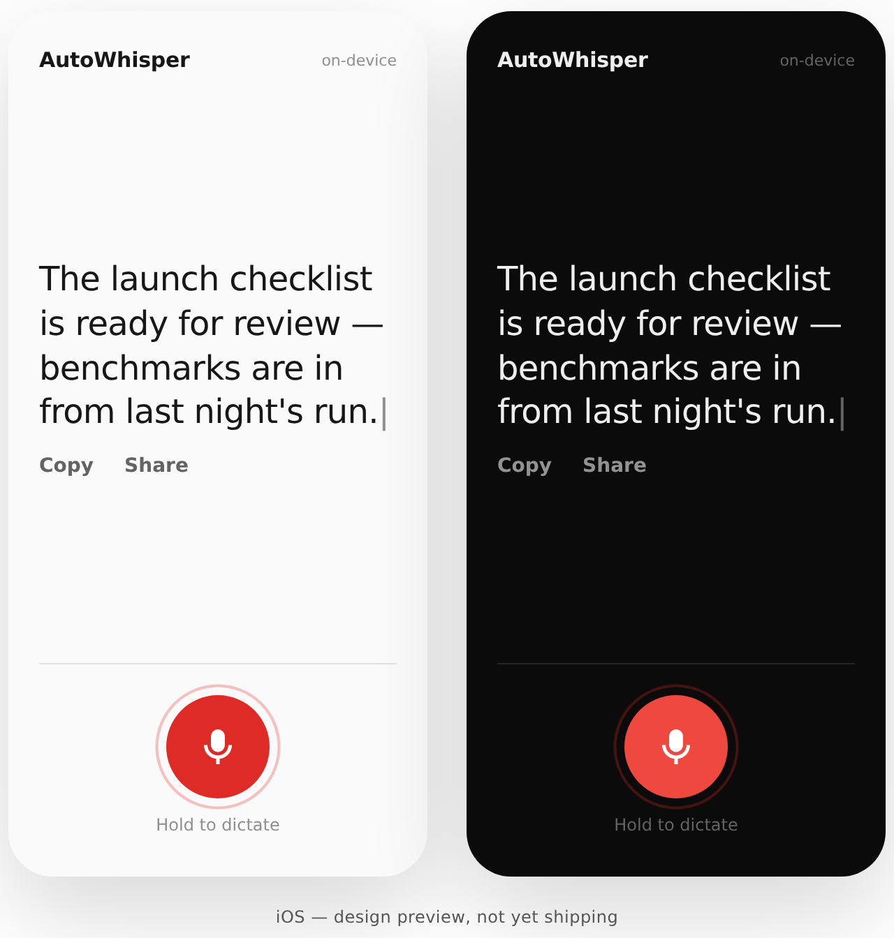 iOS design preview — transcript and hold-to-dictate, light and dark