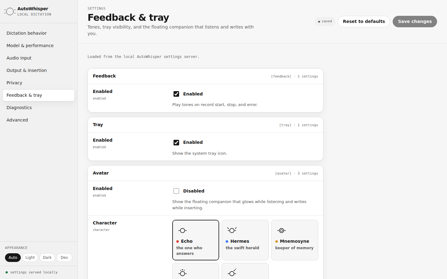 AutoWhisper settings — real product UI showing the companion character picker with five spirits