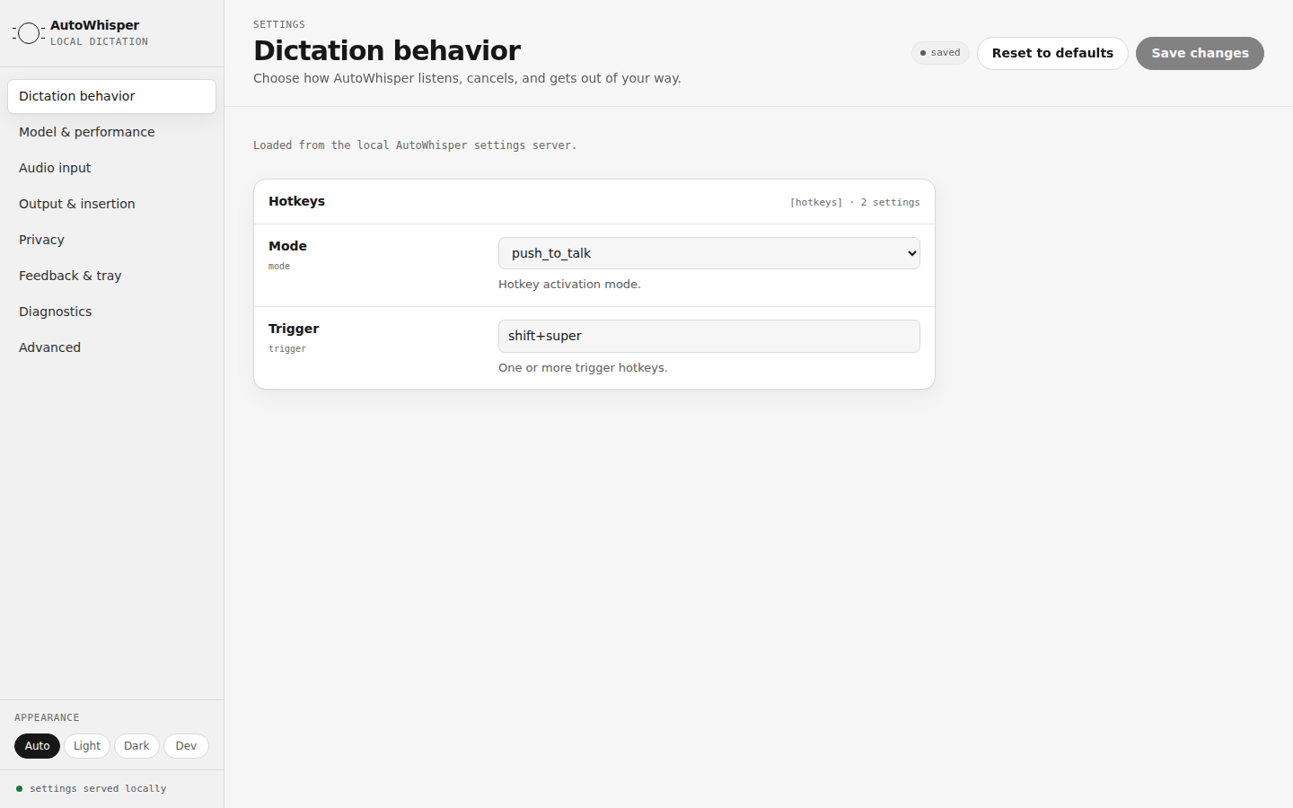 AutoWhisper settings — real product UI showing dictation hotkey controls